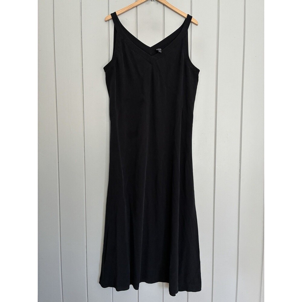 Eileen Fisher Maxi Dress L Large Black 100% Silk Sleeveless V-Neck Chiffon Lined